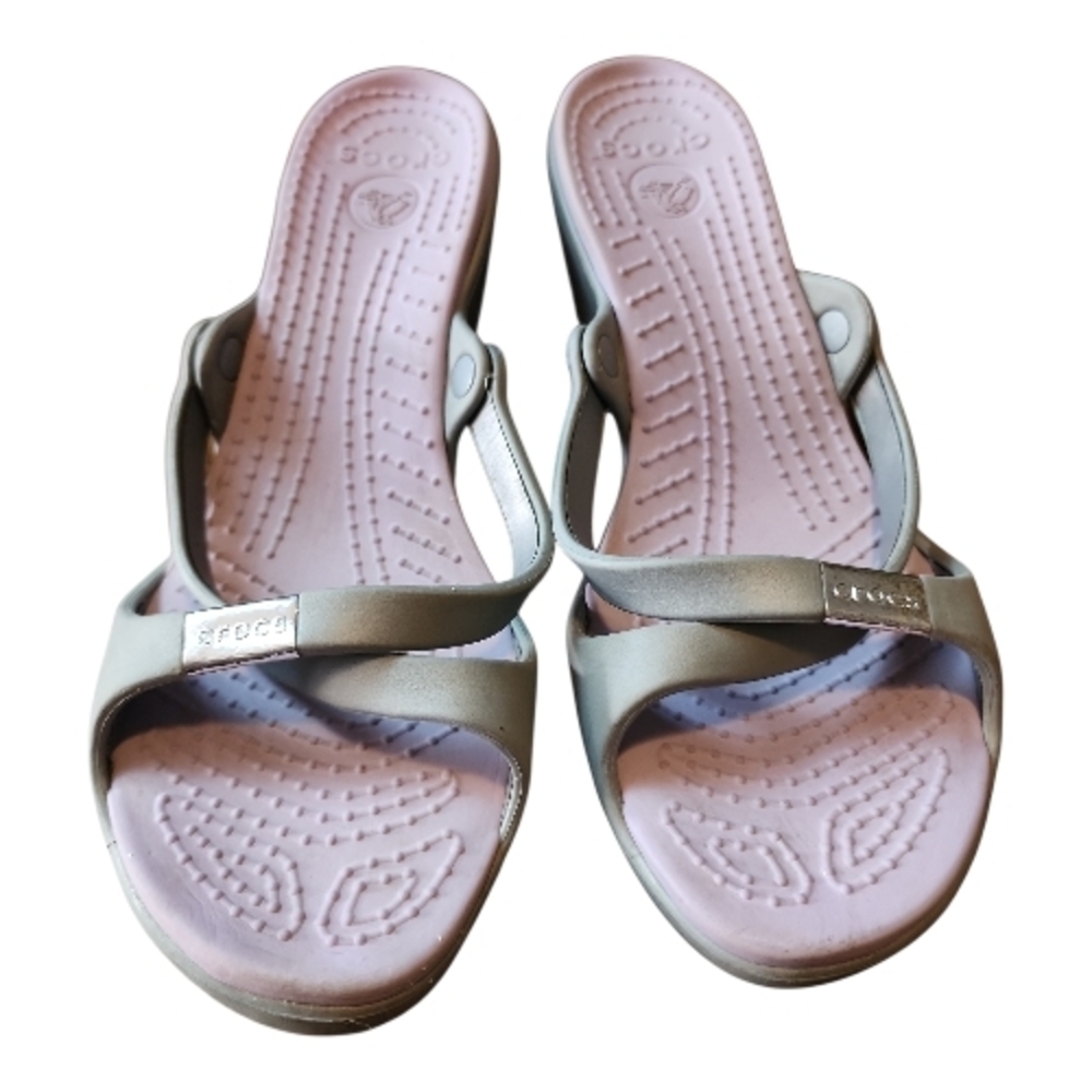 CROCS | Women's High Heel Strappy Slip On Sandals Gray Lavender Purple | 10